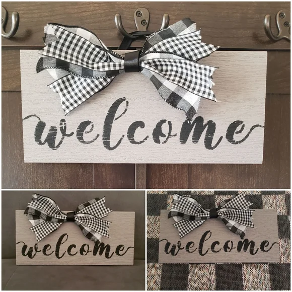 New Farmhouse Welcome Sign Decor Black White Gray Buffalo Plaid - Picture 1 of 4